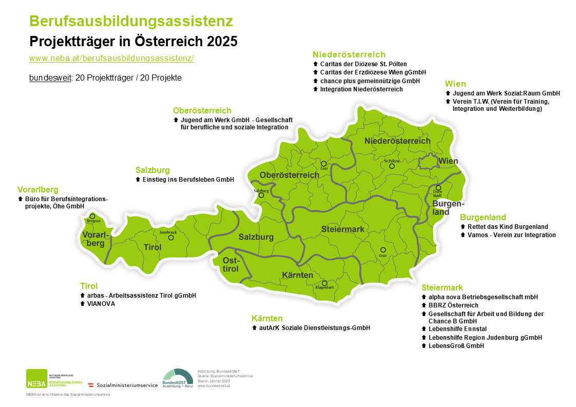 Karte von Österreich mit Berufsausbildungsassistenz Projekten, siehe auch barrierefreie Textversion Berufsausbildungsassistenz Projektträger 2025 (PDF)