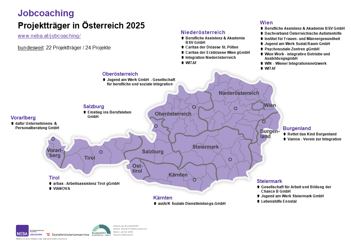 Karte von Österreich mit Jobcoaching Projekten, siehe auch barrierefreie Textversion Arbeitsassistenz Projektträger 2025 (PDF)