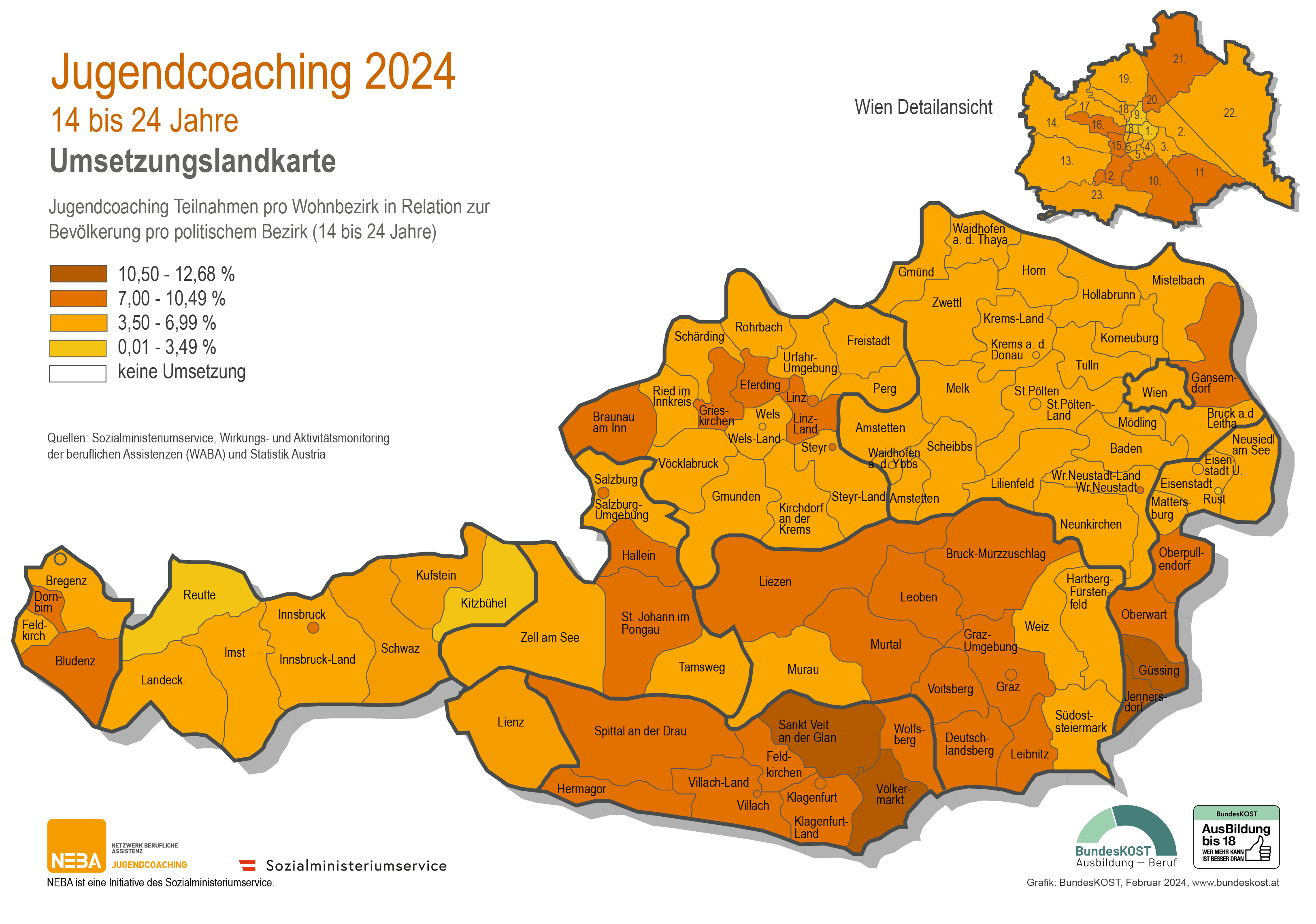 Karte von Österreich mit Umsetzungsquote am Beispiel Jugendcoaching (PDF)